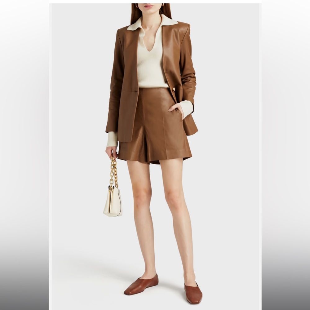 Vince High Waist Lamb Leather Shorts in Fawn Brown